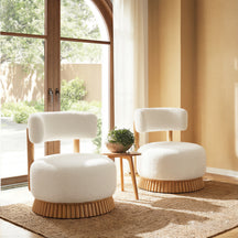 Reeded Wooden Base Curve Boucle Accent Chair Set of 2