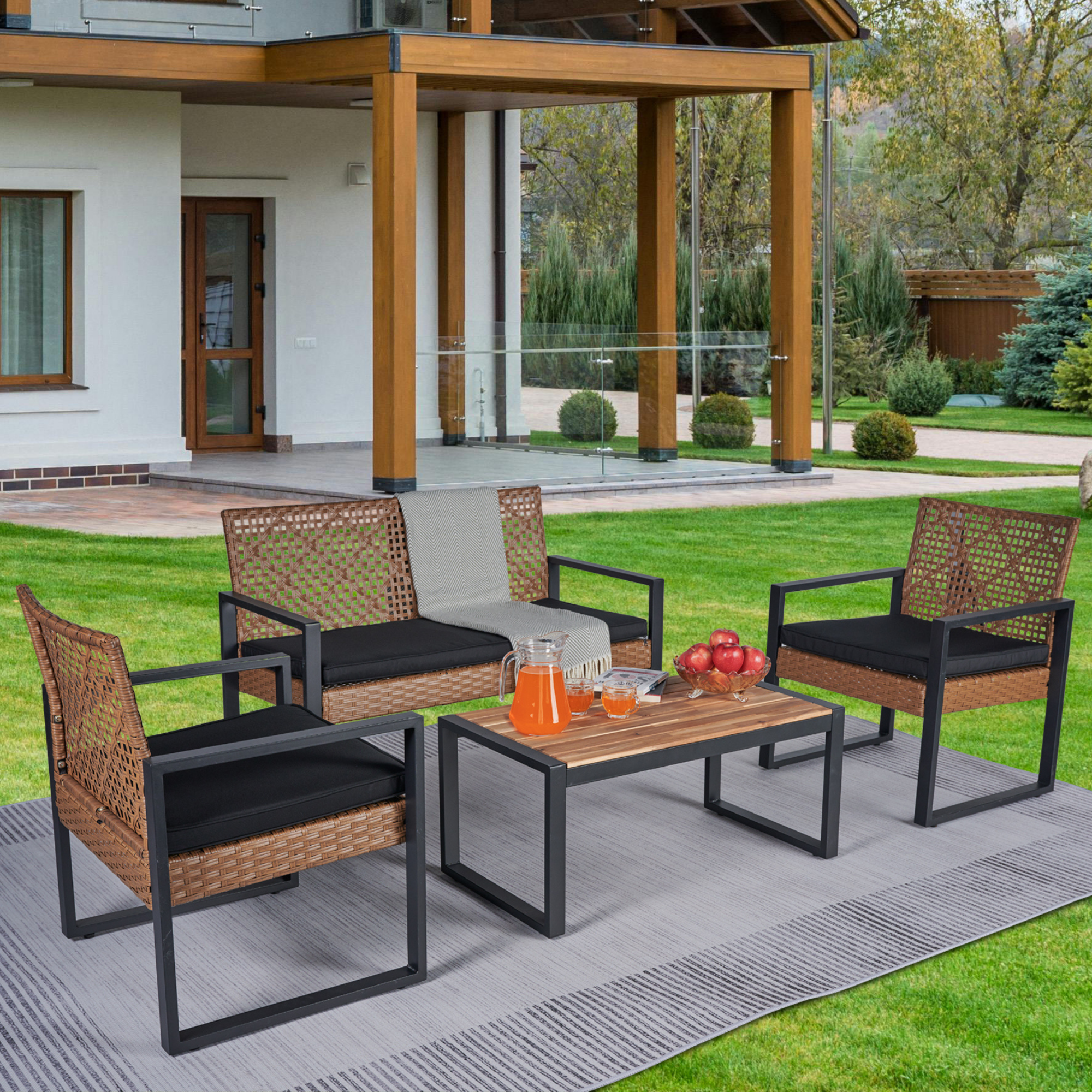 Walker Edison | Outdoor Wicker 4-Piece Patio Furniture Set, image size:2000x2000