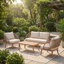 Curved Rope Design 4-Piece Acacia Wood Outdoor Patio Seating Set with Coffee Table