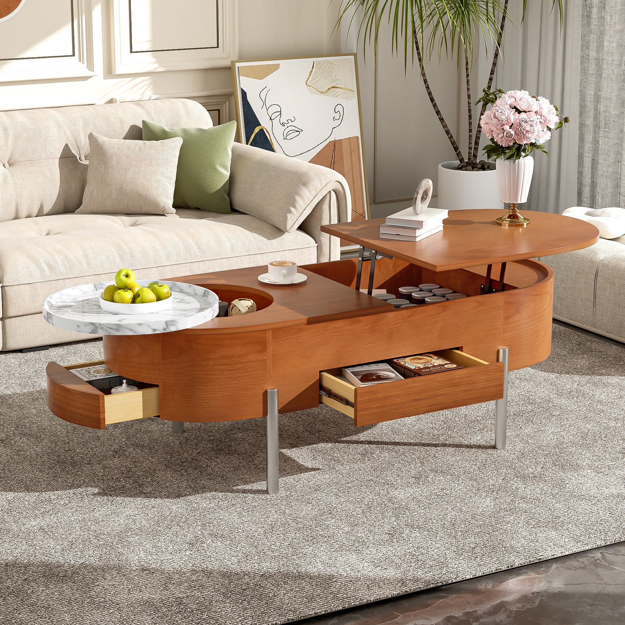 Walker Edison Modern Lift Top Coffee Table with Marble Pattern Tray