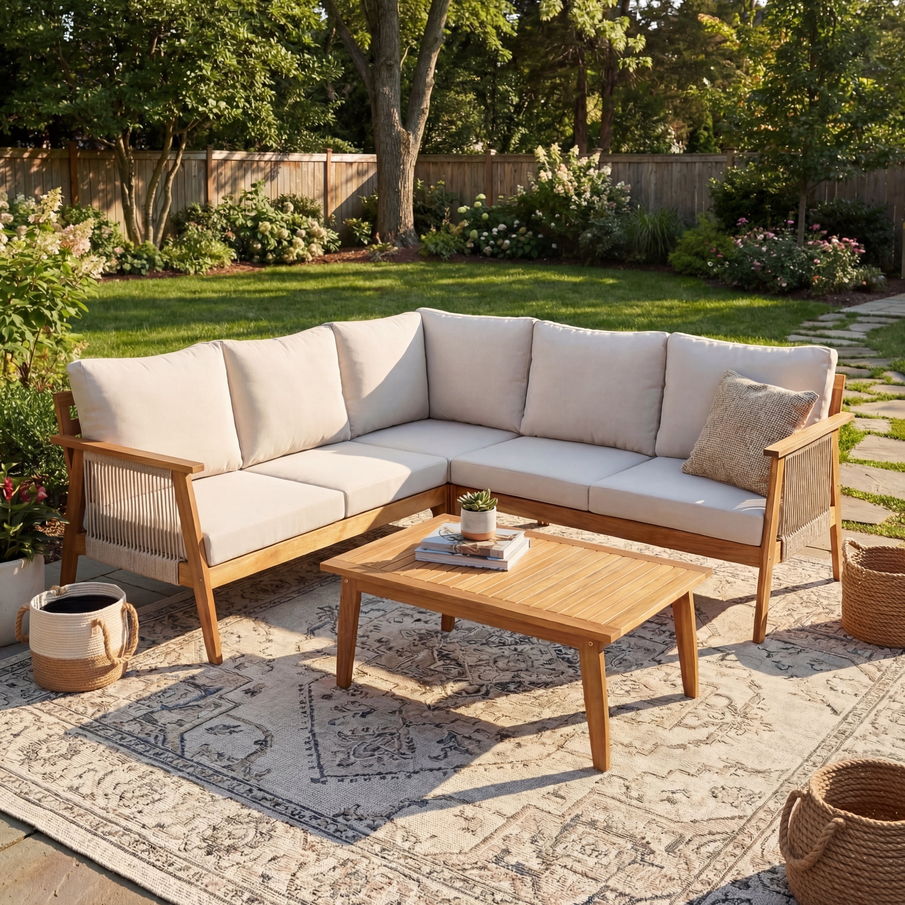 Acacia Wood Outdoor Rope Sectional Corner Set | Walker Edison
