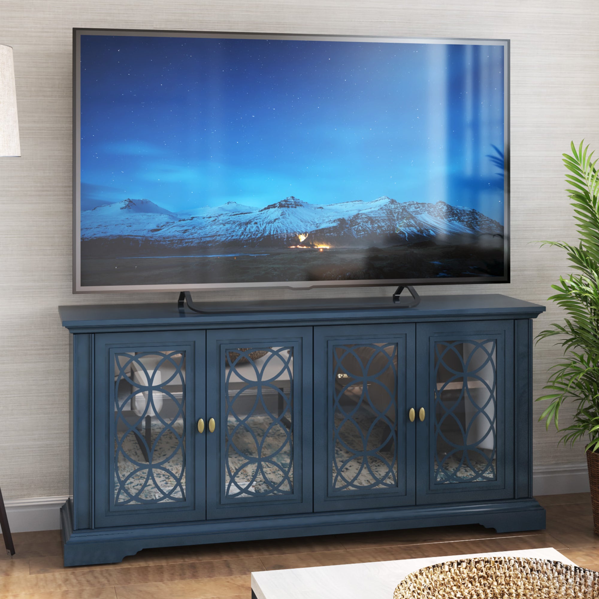 テレビ　ブルーディスク Classic Tempered Glass Design Doors TV Stand Media Console
