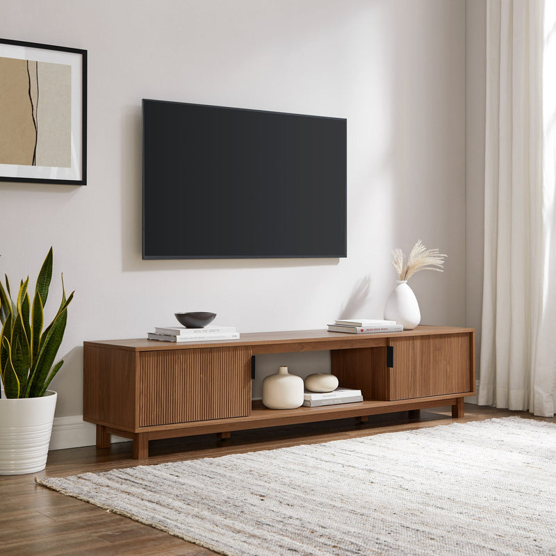 Mid-Century Modern 2-Door Reeded TV Stand for TVs up to 80” Living Room Walker Edison Mocha 