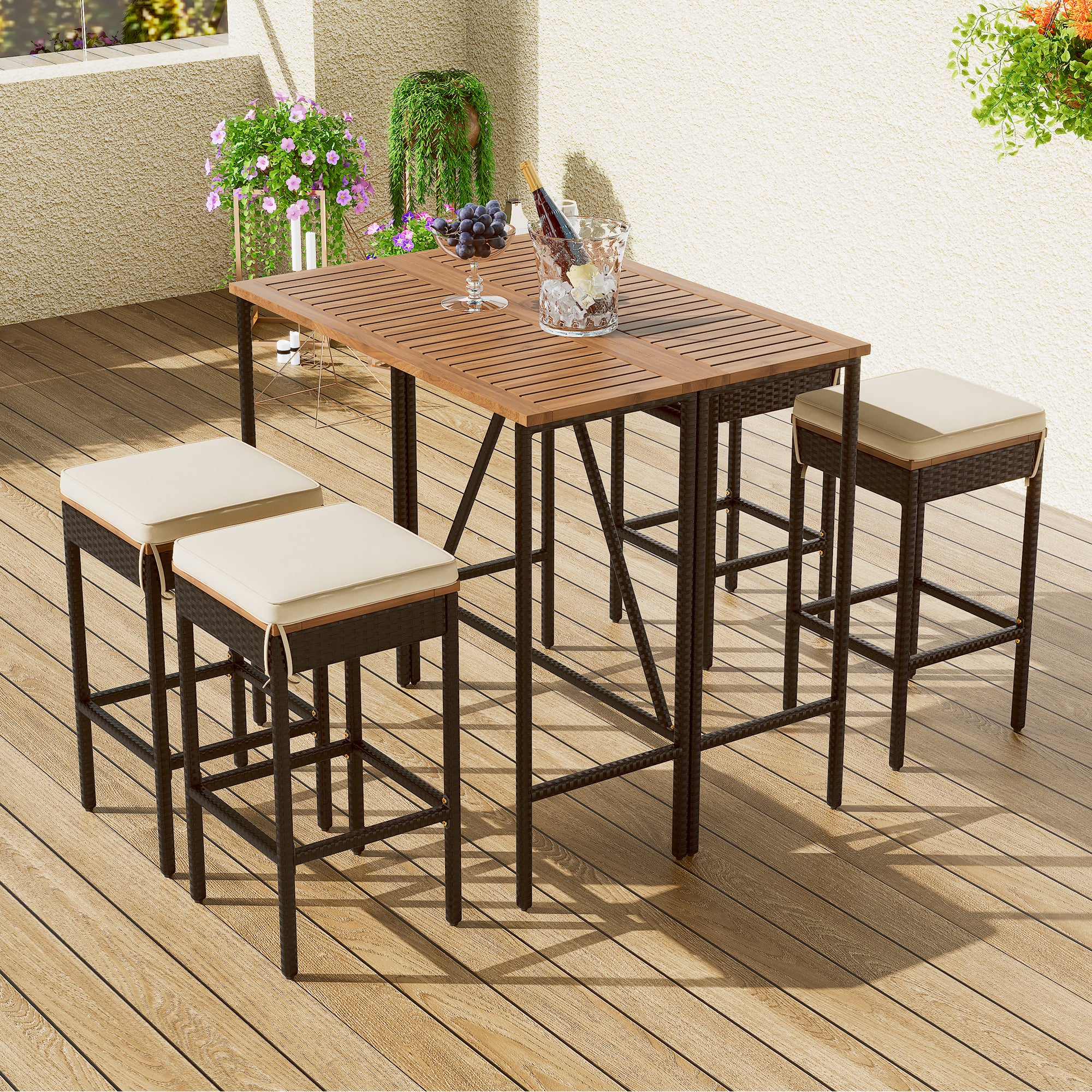 Walker Edison | Outdoor 5-Piece Acacia Wood Bar Height Table And Stool