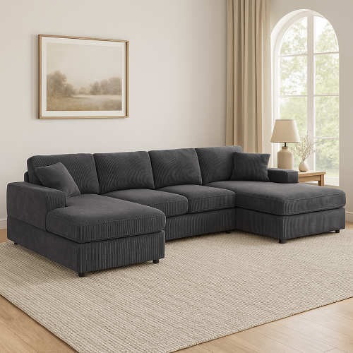 Walker Edison | Coastal Grey Corduroy Double-Chaise Cloud Sectional So Walker Edison | Coastal Grey Corduroy Double-Chaise Cloud Sectional So