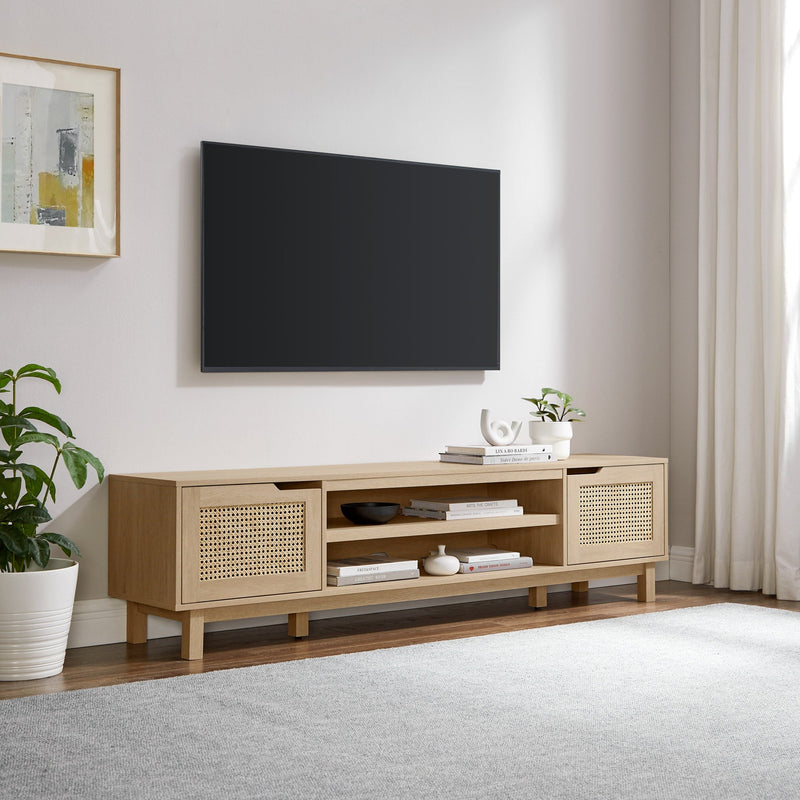 Boho 2-Door Faux Rattan TV Stand for TVs up to 80” Living Room Walker Edison 