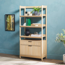 Holmes Modern Scandinavian Reeded Wide Bookshelf Living Room Walker Edison Coastal Oak