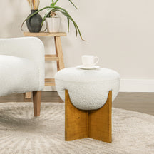 Walker Edison | Bali 18.5' Round Upholstered Ottoman with Natural Wood Base, Ivory White Boucle