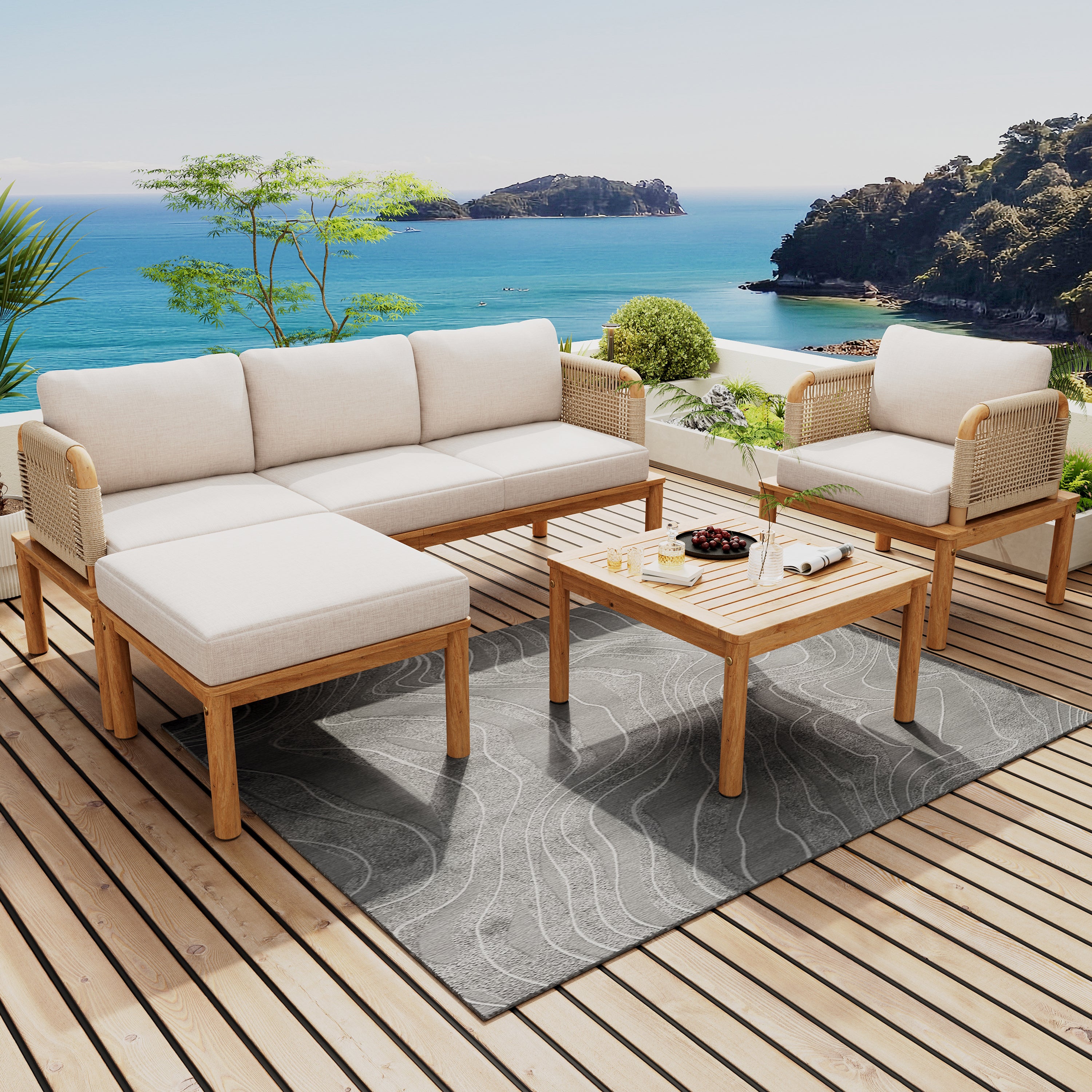 アンティーク（英）スタッフォードシャー wood & sons ウッド＆サンズ Walker Edison | Outdoor 4-piece Acacia Wood and Rope Patio Sofa Set