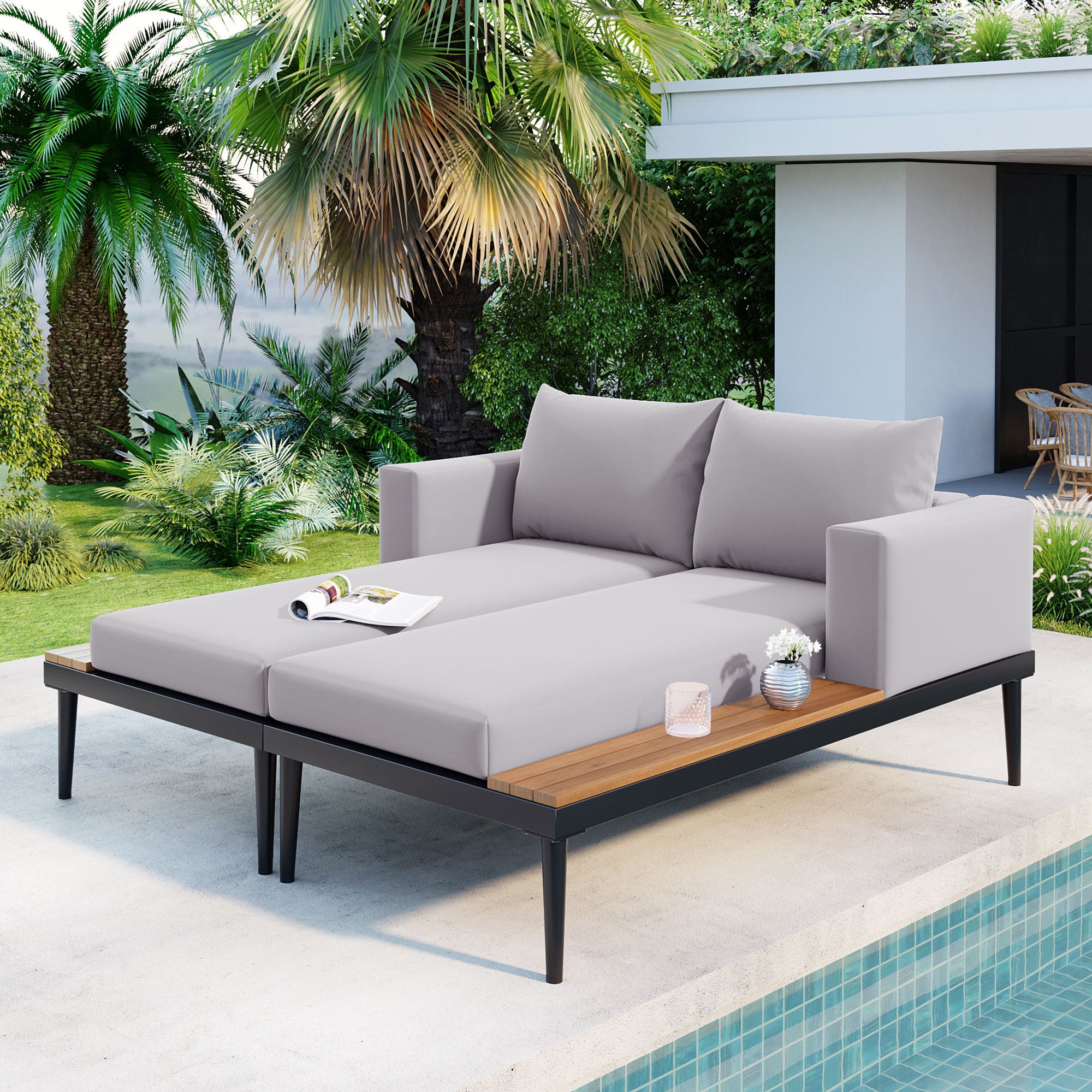 Walker Edison Modern Outdoor Patio Daybed with Wood Topped Side Tabl