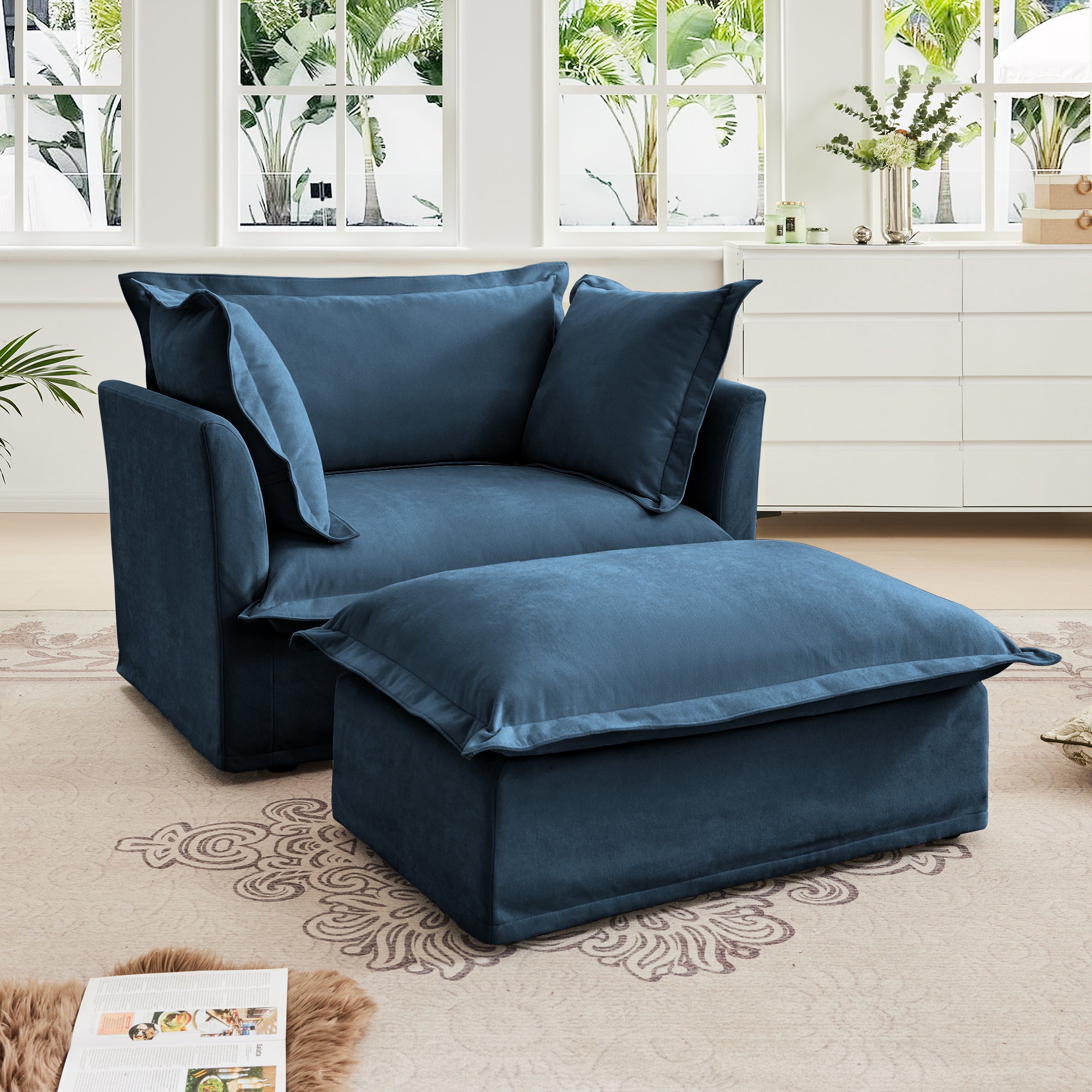 Walker Edison Cloud Slipcovered Blue Armchair with Ottoman