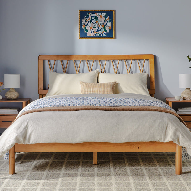 X Spindle Midcentury Modern Solid Wood Bed Living Room Walker Edison Queen Caramel 