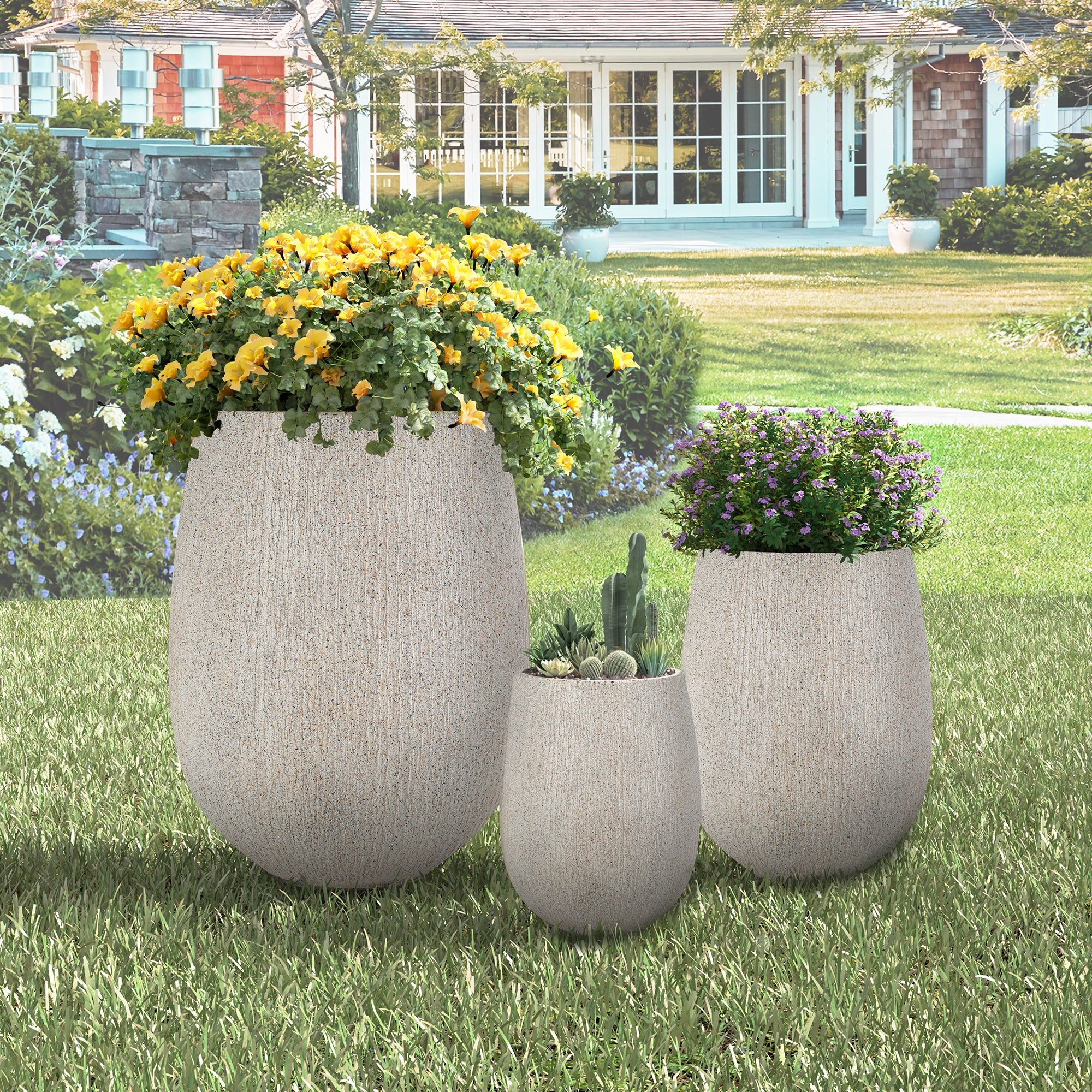 modern house planter Modern Stone-Look Textured Round Shaped Lightweight Outdoor Planter Se –  Walker Edison