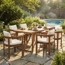 Modern Teak 7 Pieces Acacia Wood Outdoor Dining Set with Cream Cushions