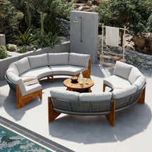 2 Semi-Circle 3-Piece Outdoor Sofa Set for 6 with Acacia Wood Coffee Table