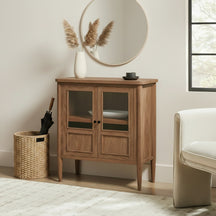 woodem cabinet with glass doors expsoing inside shelf storage. Great for any room from entryway, to home office.