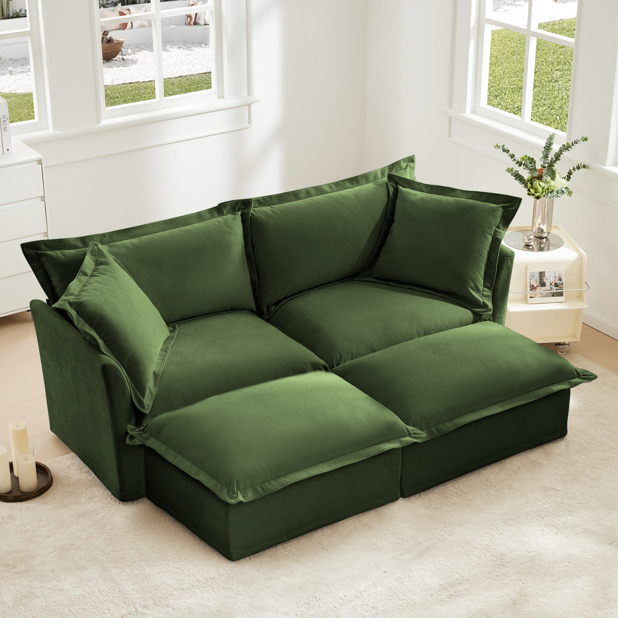 Walker Edison | Wide Deep Seat Slipcovered Loveseat Sofa with 2 Ottoma