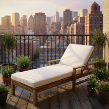 Wooden outdoor lounge chair with white cushions on a white background