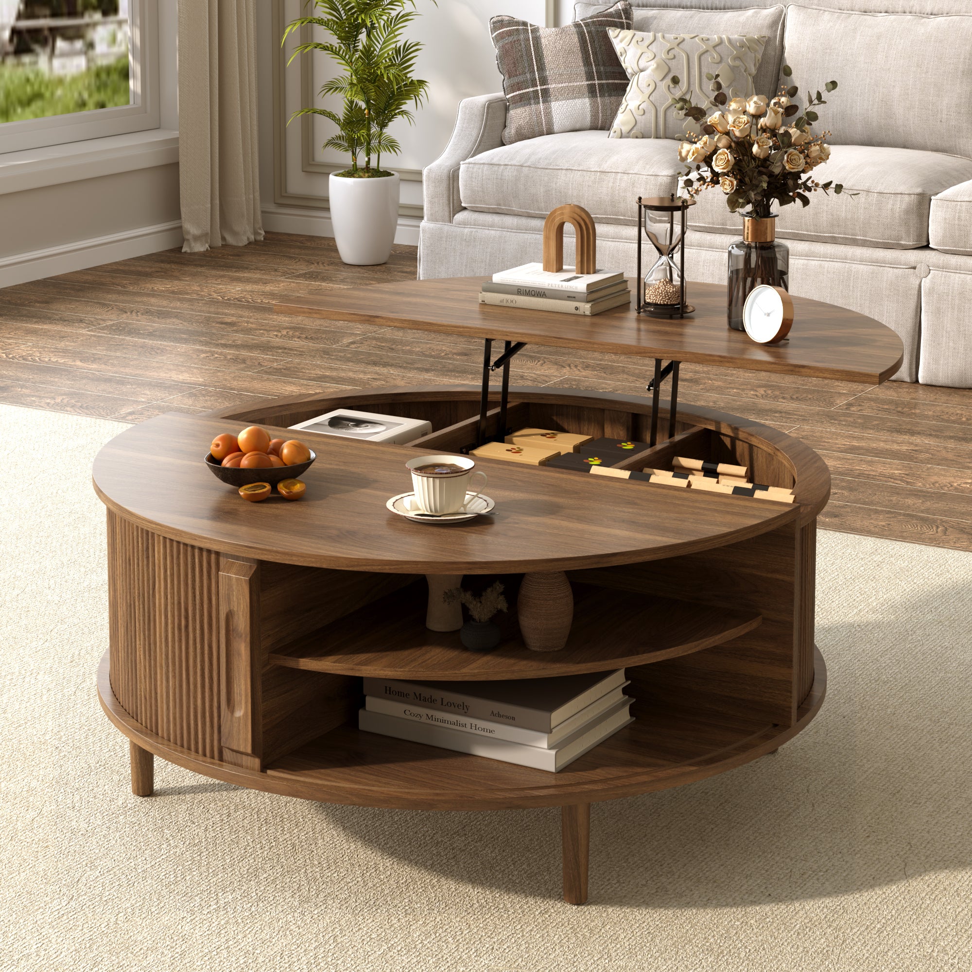 Minimalist Round Lift-Top Coffee Table with Hidden Storage