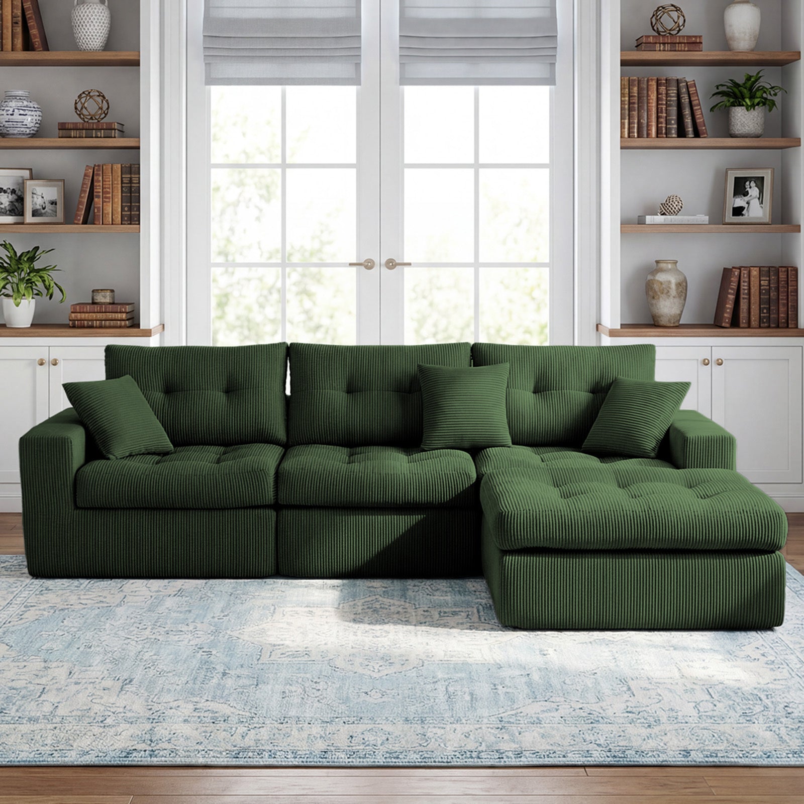 Corduroy Corner Chaise L-Shaped Sectional Sofa Bed with High-Density S ...