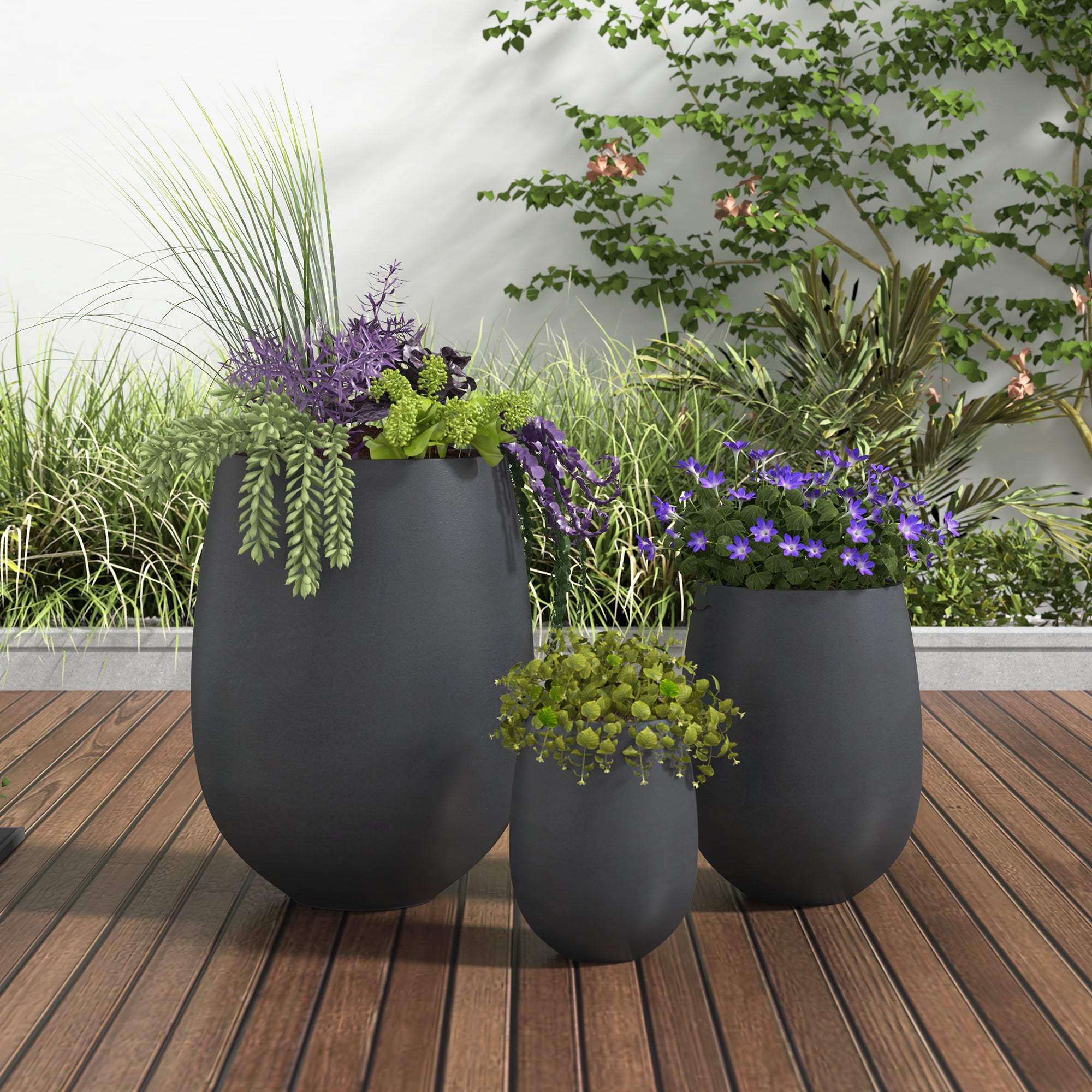 extra large outdoor pots for plants Modern Round Lightweight Outdoor Patio Planter Set of 3 Sizes – Walker Edison
