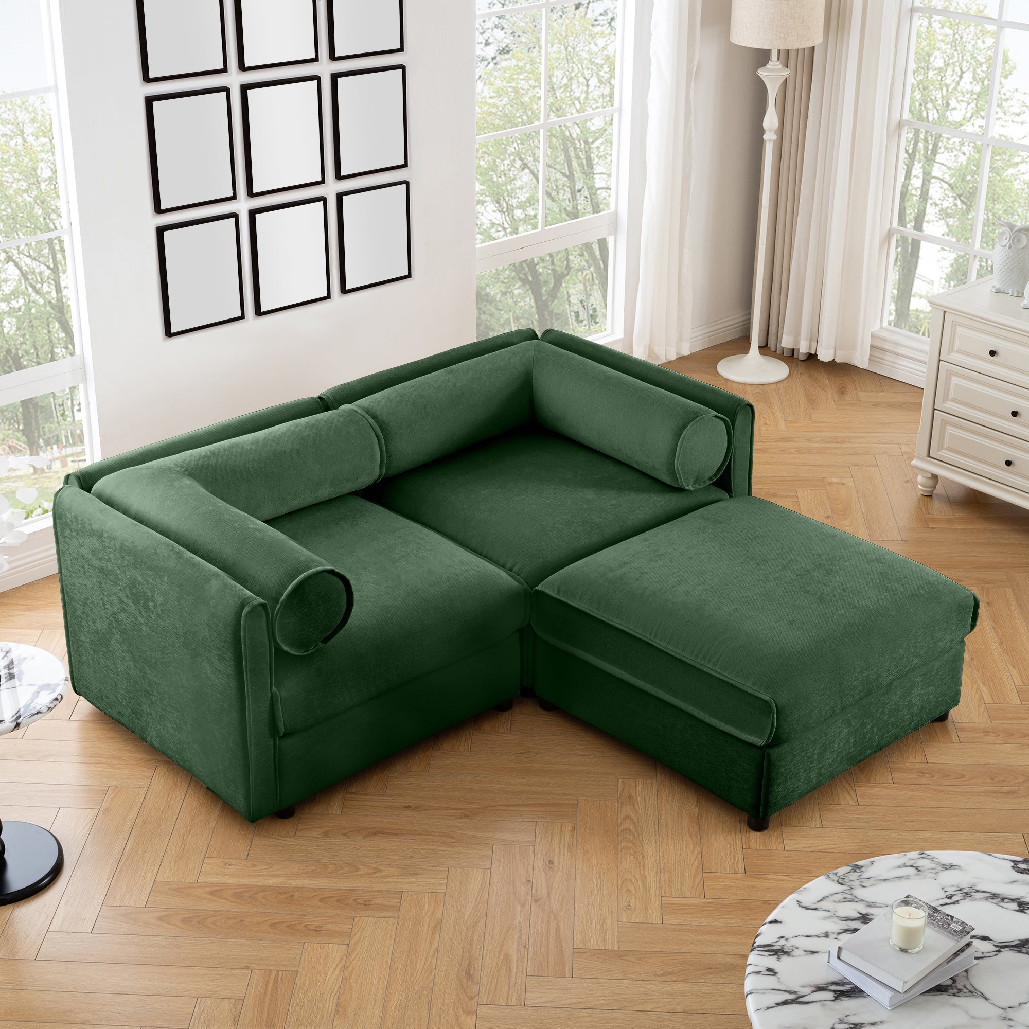 Walker Edison | Modern Green Chenille 2-Seater Loveseat Sofa with Otto