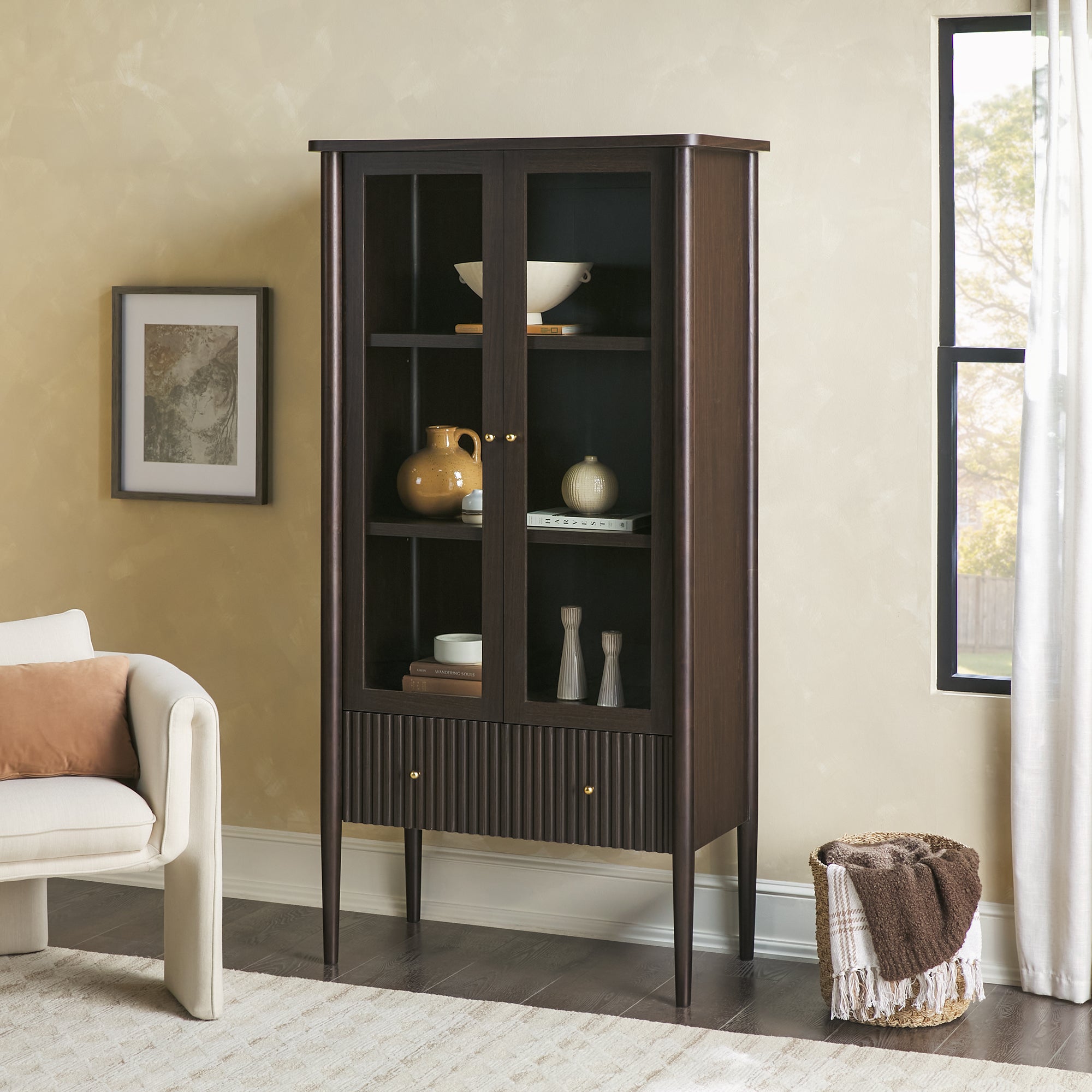 Samantha Modern Fluted Glass Cabinet Bookshelf | Walker Edison