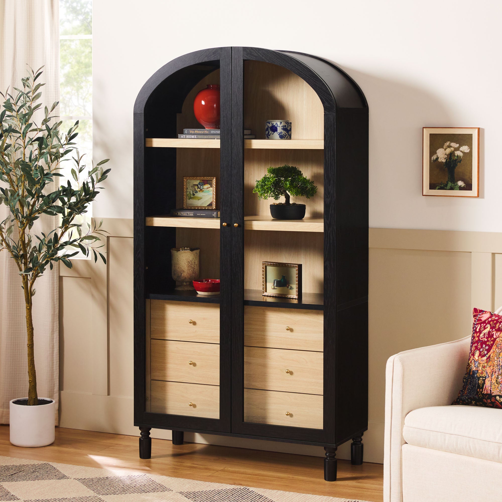 Darci Modern Arched Bookshelf Cabinet with Glass Doors & Inner