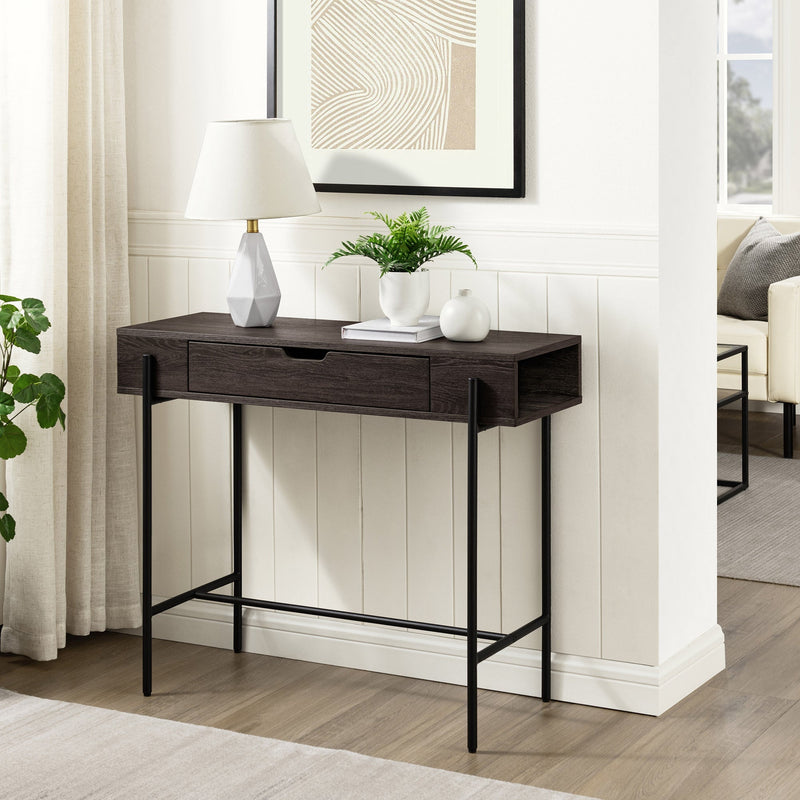 Modern Minimalist Metal and Wood 1-Drawer Entry Table Entry Table Walker Edison Charcoal 