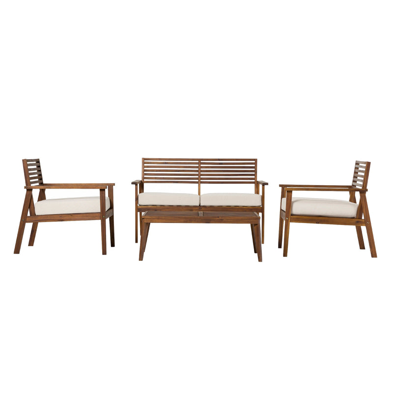 4-Piece Mid-Century Modern Acacia Outdoor Slat-Back Chat Set with Coffee Table Living Room Walker Edison 