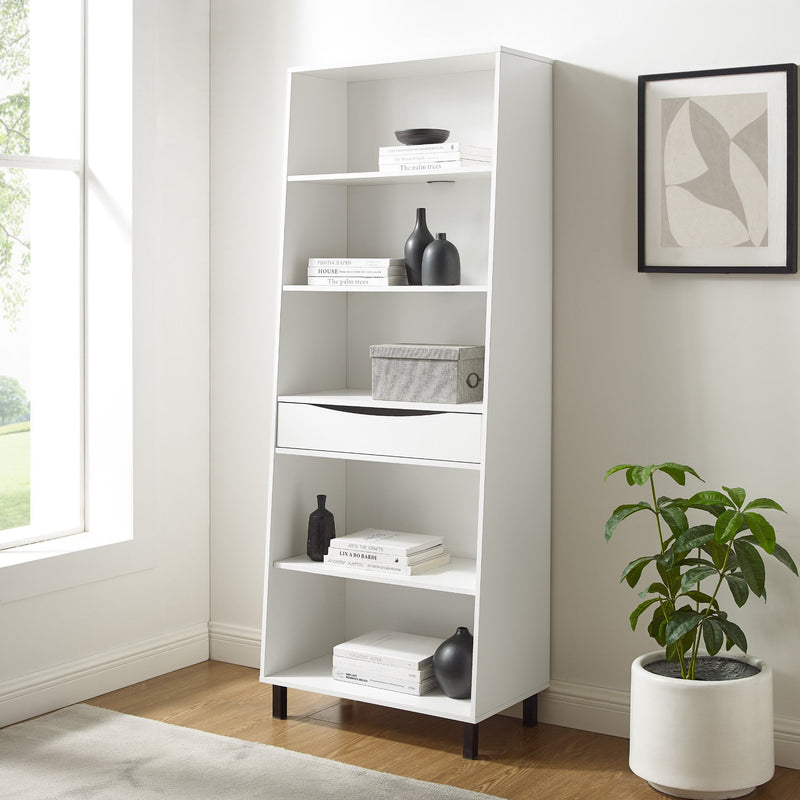 Modern 5-Shelf Bookcase with Drawer Bookcases & Standing Shelves Walker Edison Solid White 