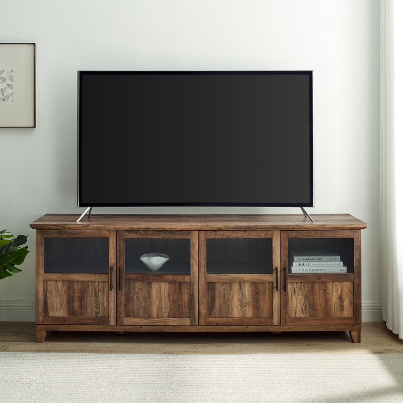 Goodwin 70" TV Console with Glass and Wood 4 Panel Doors Living Room Walker Edison Rustic Oak 