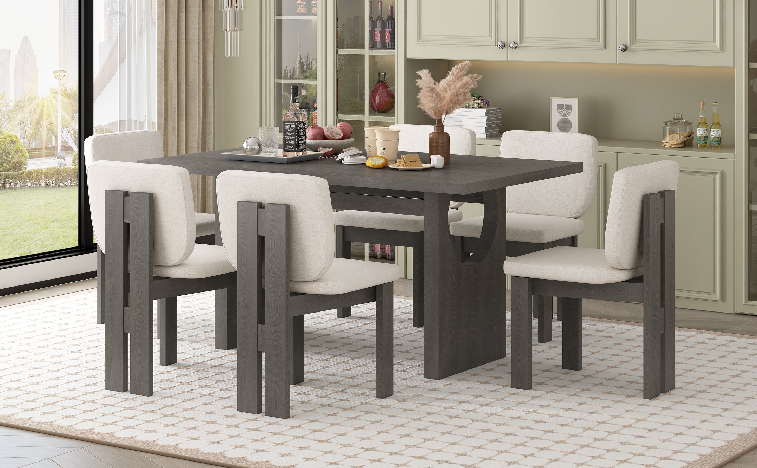 Walker Edison | 60' Wood 7-Piece Retro Dining Table Set for 6 with Uph