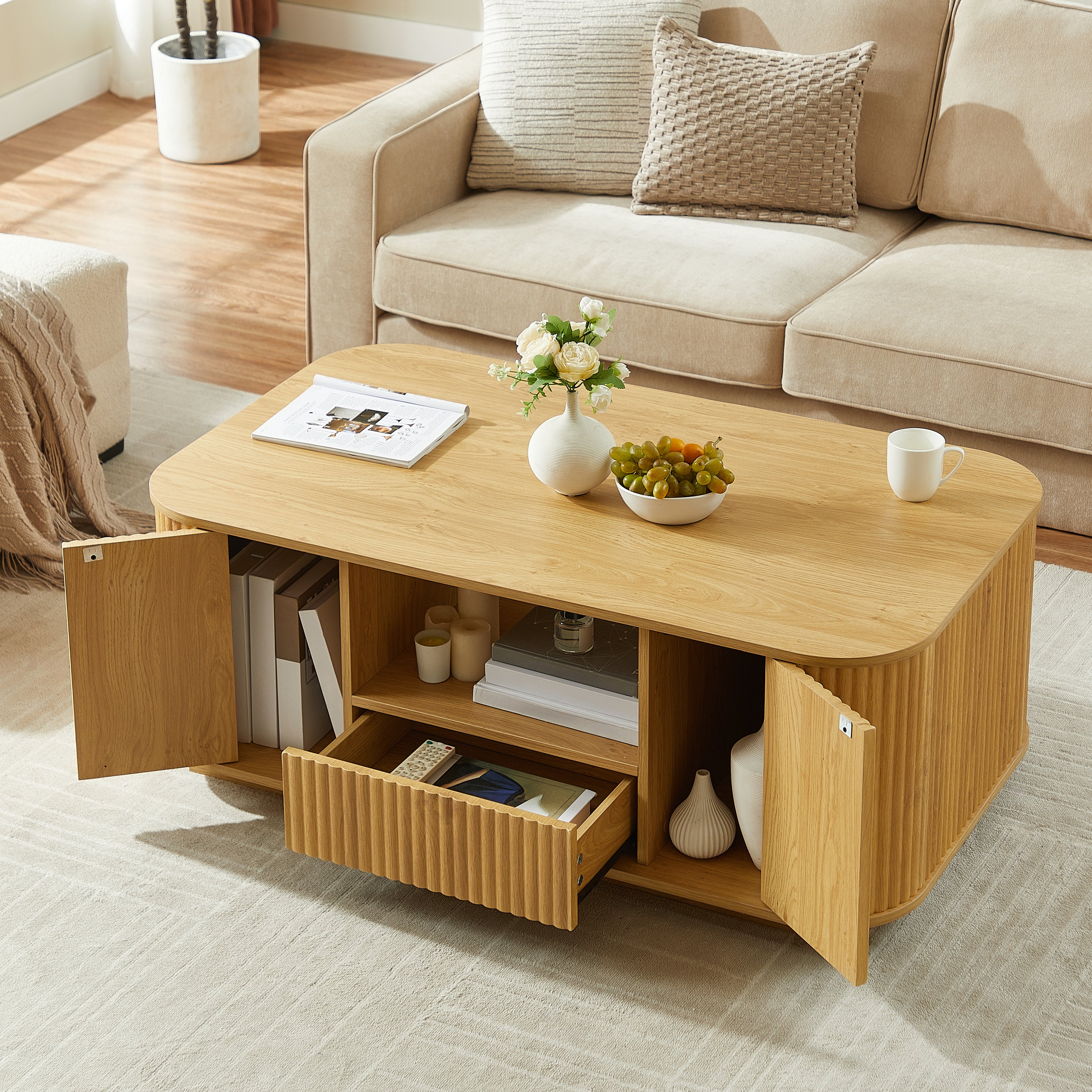 Walker Edison | Reeded Modern Curve Design Storage Coffee Table