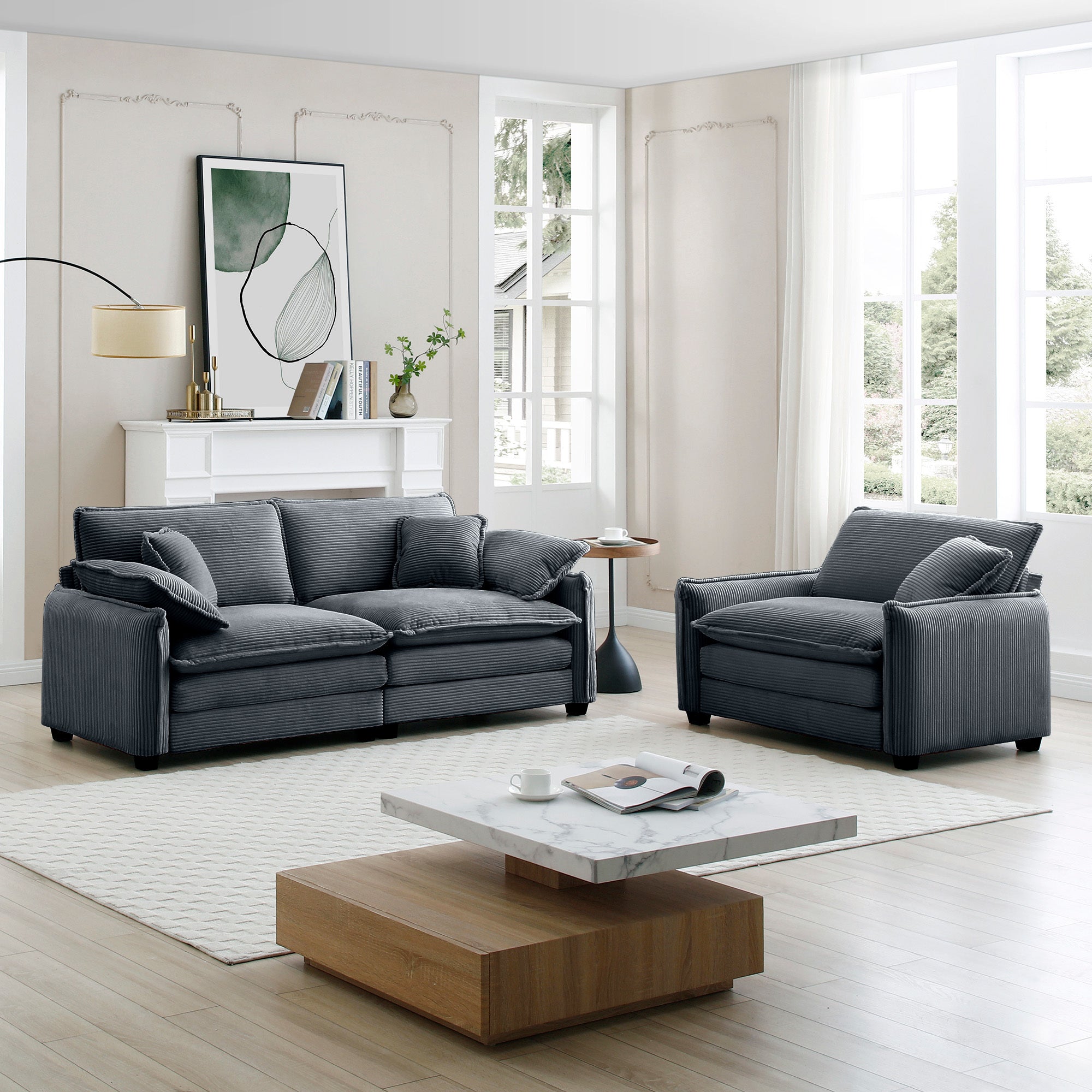 Walker Edison | Corduroy Cloud Loveseat Sofa Set