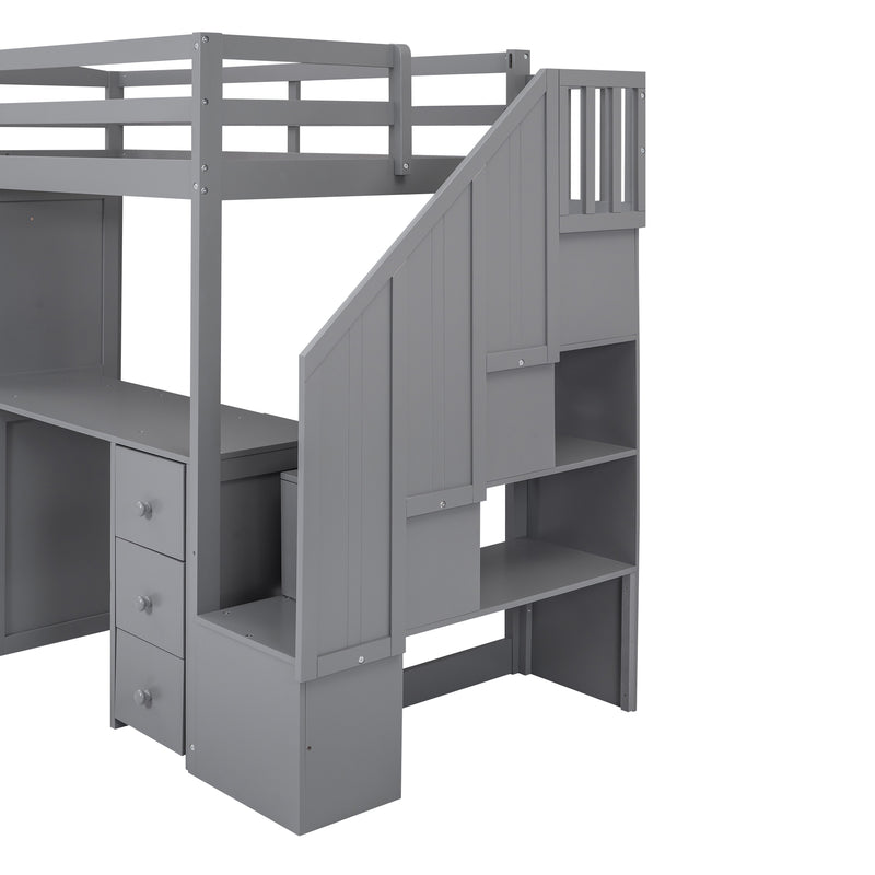 Walker Edison | Twin Size Loft Bed with Wardrobe and Staircase, Desk and Storage