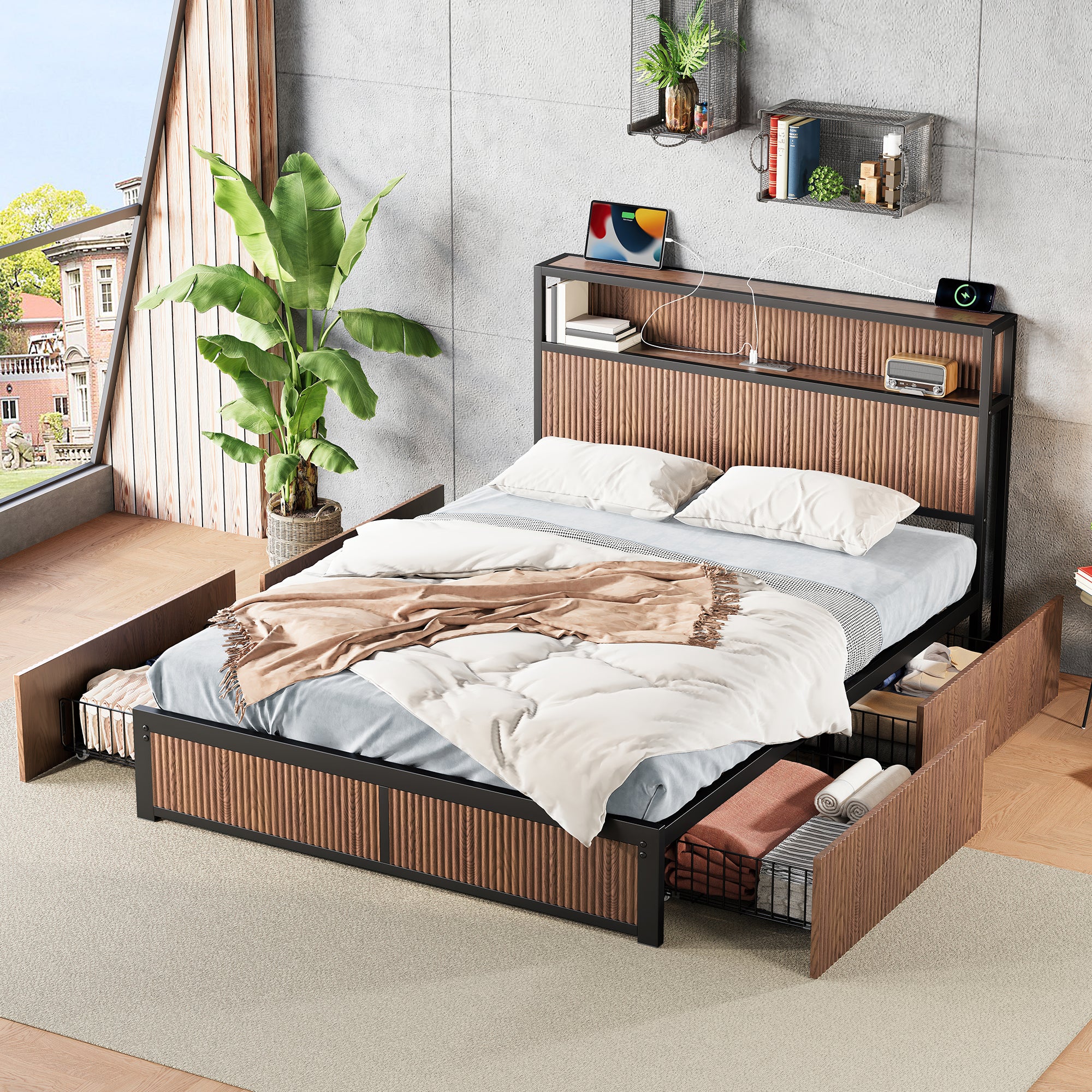 Walker Edison Fluted Pattern Wood Storage Bedframe - Thumbnail 4