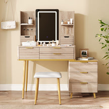 Fluted LED Makeup Vanity with 7 Drawers & Stool