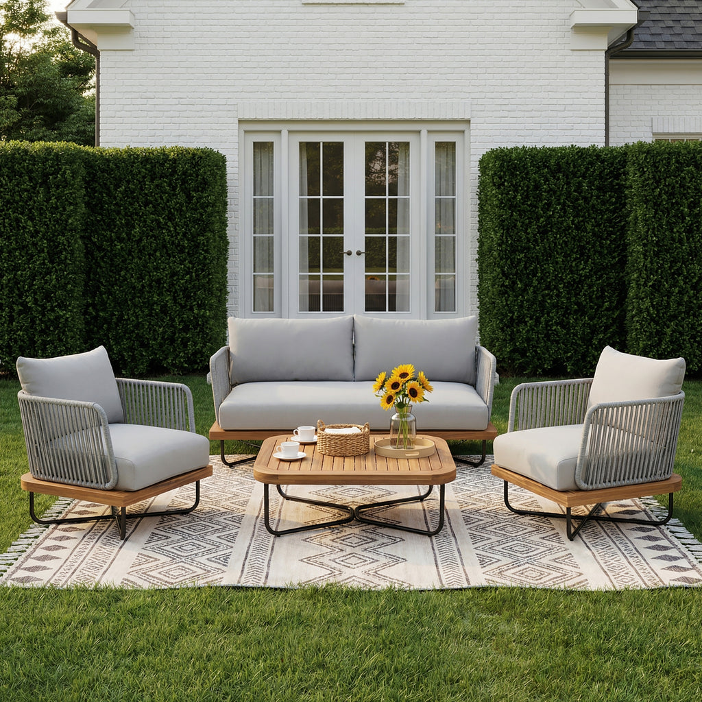 Lucca Outdoor 4 Piece Acacia Wood & Rope Woven Sofa Conversation
