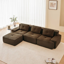 Corduroy 117' Brown Modern L-Shaped Modular Sectional 3-Seater Sofa Couch with Movable Ottoman