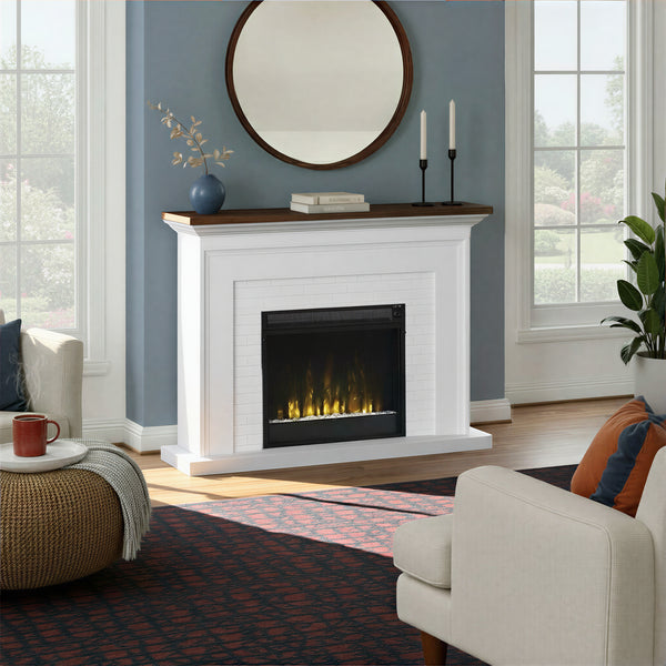 blue living room with white farmhouse wall mantel with fireplace