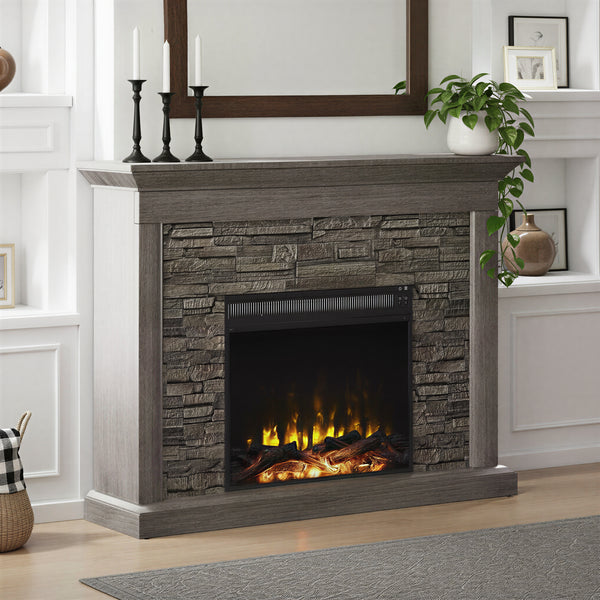 Electric fireplace with stone design in a living room setting