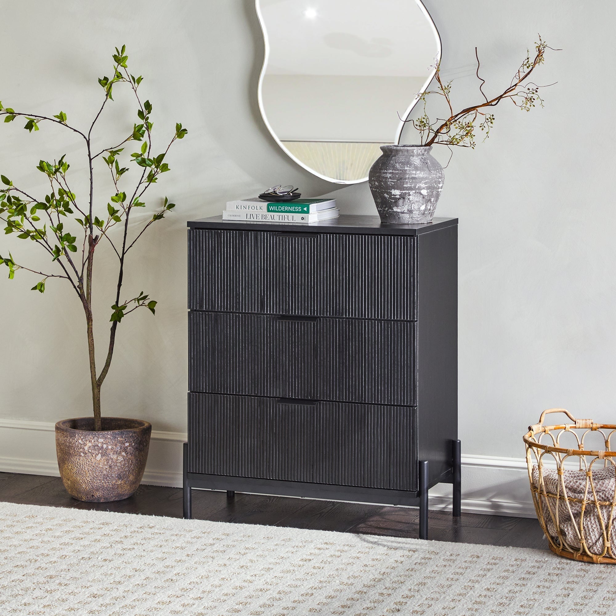 ribbed dresser Emma Solid Oak 4 Drawers WoodekDesign Ridged door surface finished in matte taupe paint 5 Drawer Tall Dresser for