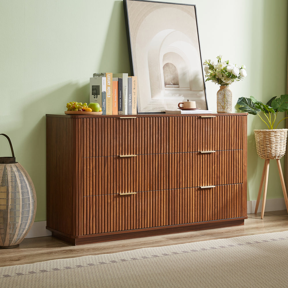 Curved Wave Design 6-Drawer Dresser, 55' Wide, Walnut Curved Wave Design 6-Drawer Dresser, 55' Wide, Walnut