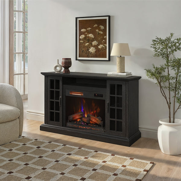 warm decorated living room with black electric fireplace tv stand 