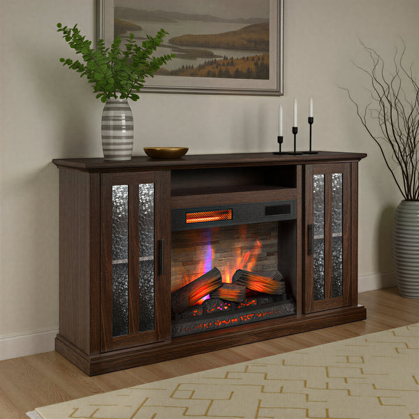 brown farmhouse electric fireplace tv stand in room with decorations
