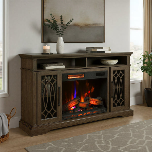 brown farmhouse electric fireplace tv stand right facing in warm living room