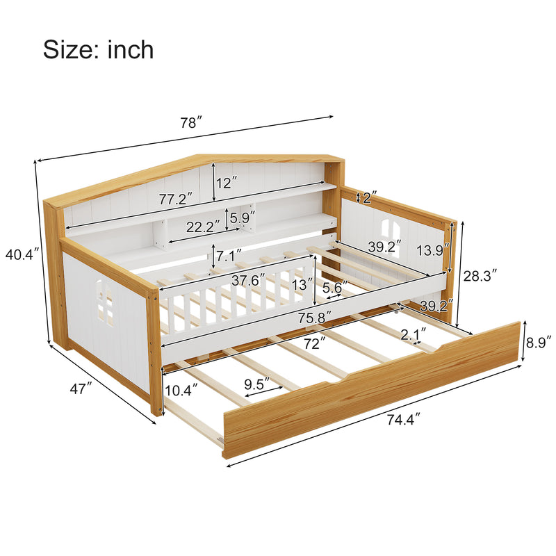 Walker Edison | Twin Size House Shape Daybed with Trundle and Bookcase Headboard