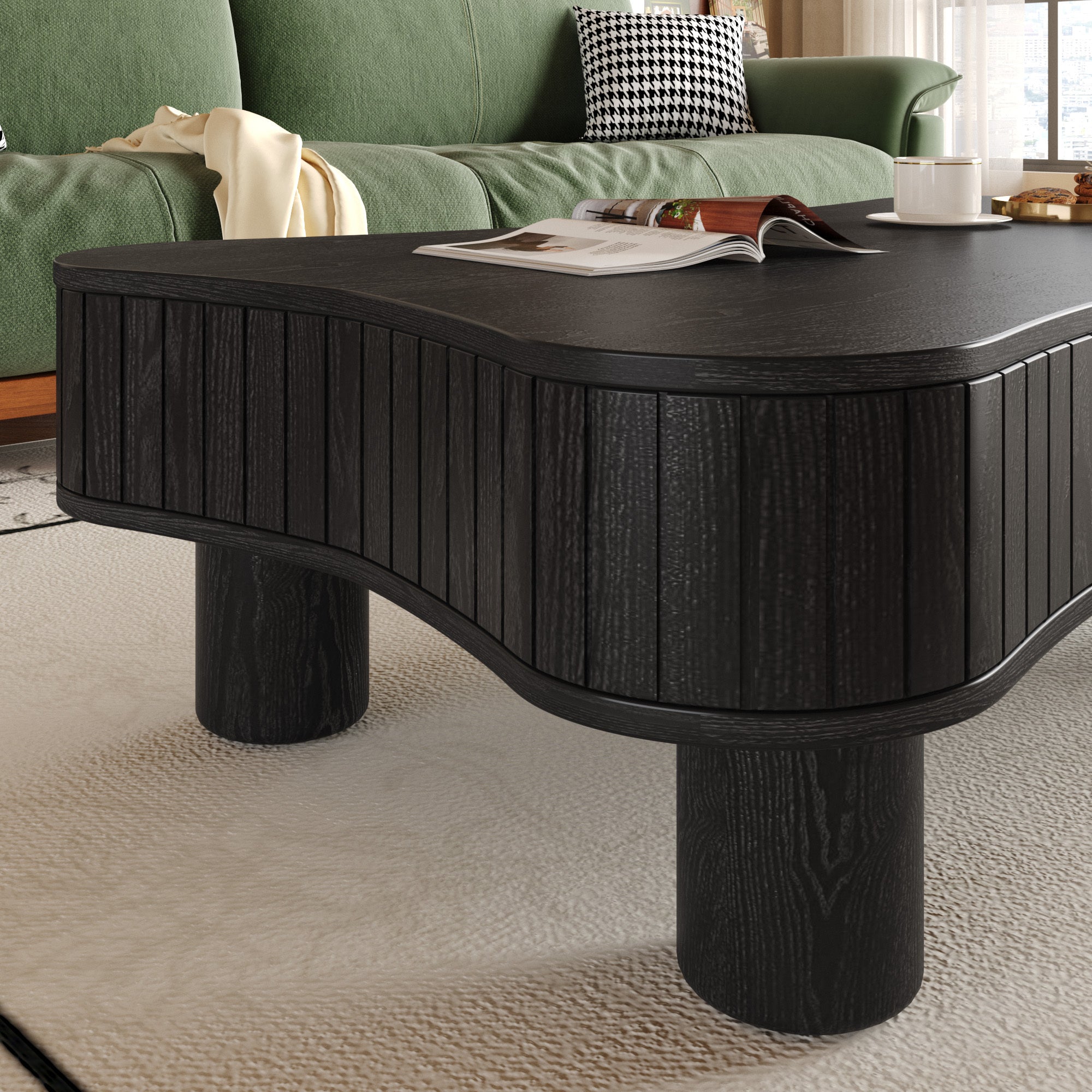 Black Reeded Curve Design Lift Top Coffee Table | Walker Edison