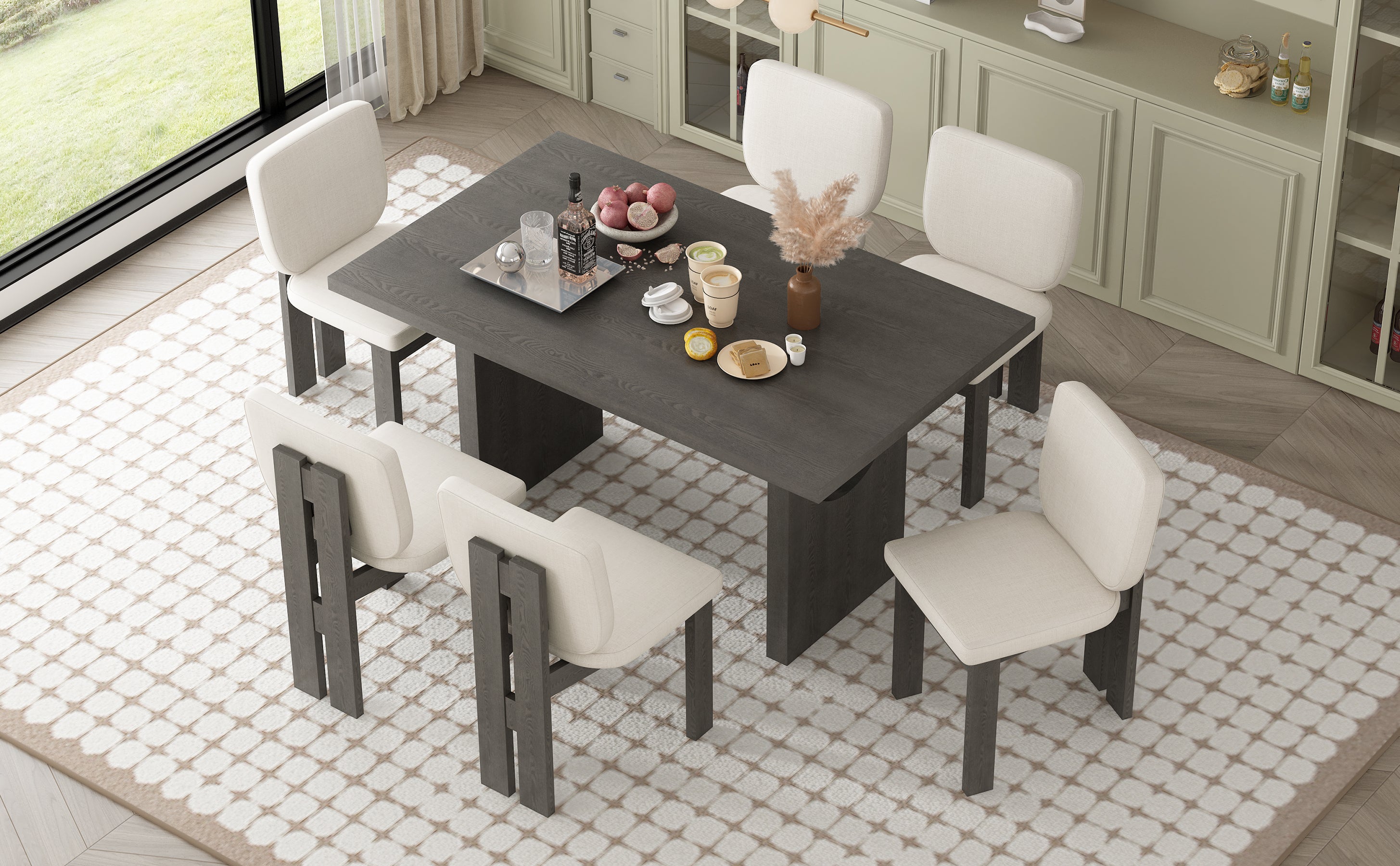 Walker Edison | 60' Wood 7-Piece Retro Dining Table Set for 6 with Uph
